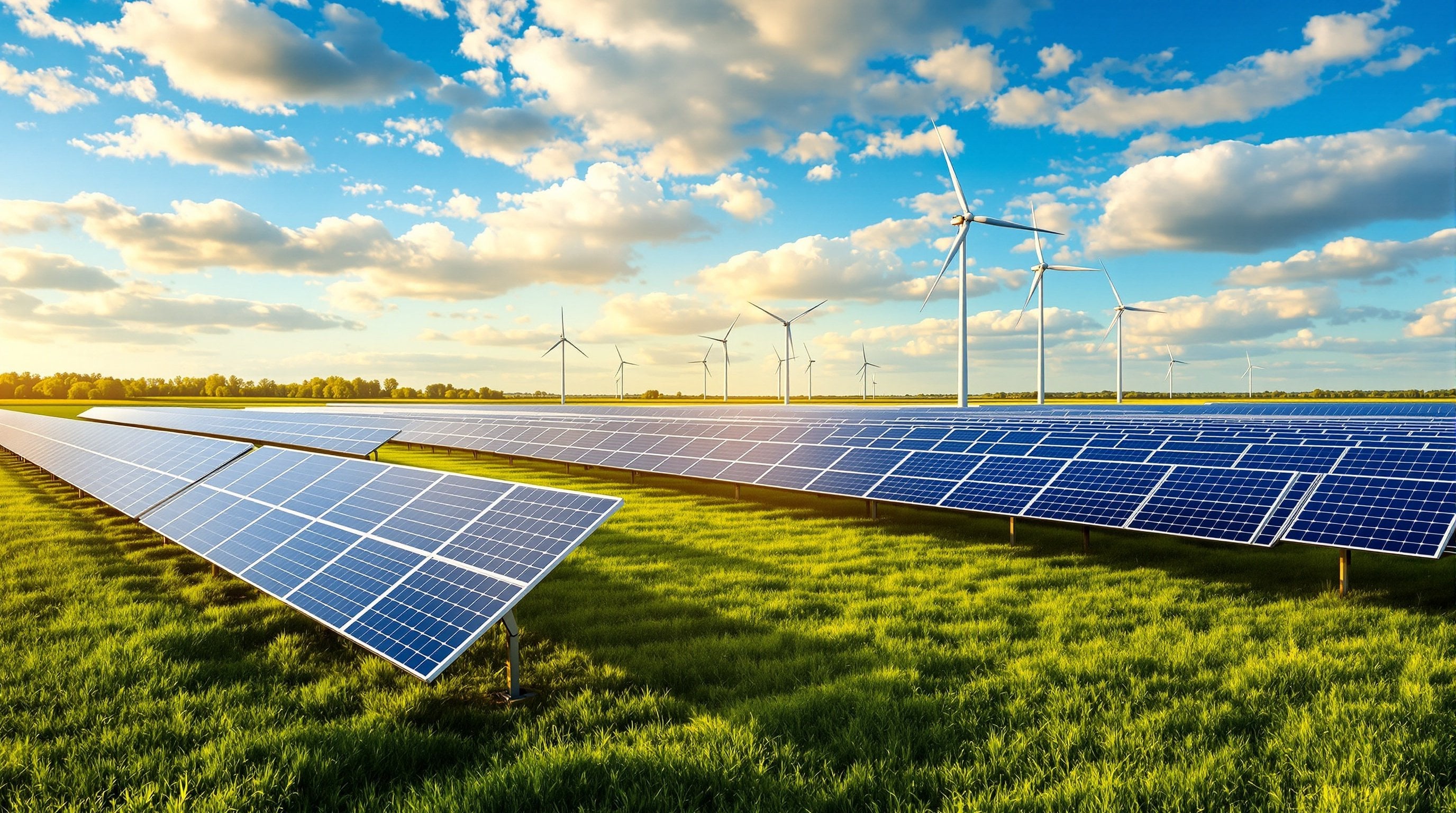 Solar array and wind turbines on open land